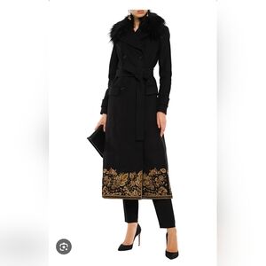 Michael Kors Black Faux Fur Shawl Collar Embroidered Hem Wool Coat 0